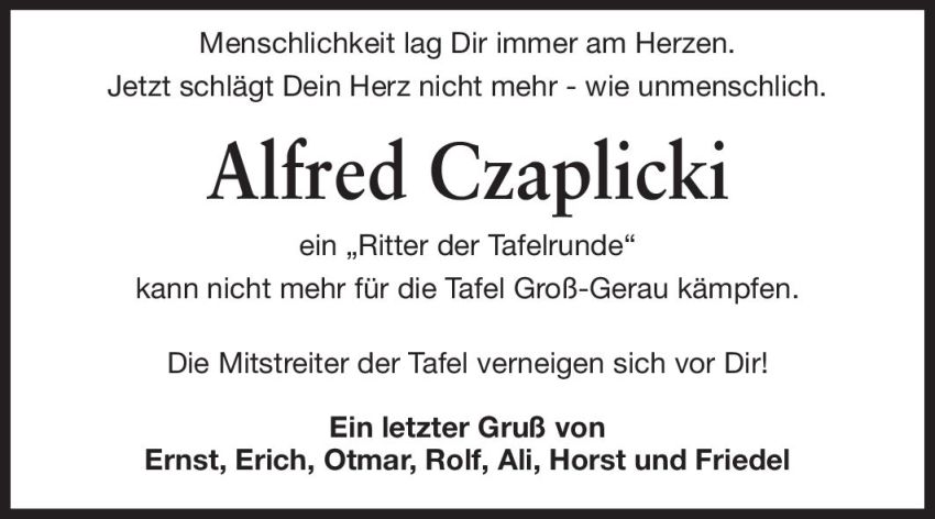  Traueranzeige für Alfred Czaplicki vom 09.11.2012 aus Rüsselsheimer Echo, Groß-Gerauer-Echo, Ried Echo