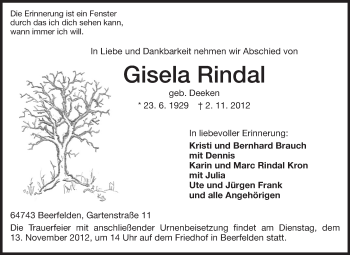 Traueranzeige von Gisela Rindal von Odenwälder Echo