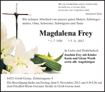 Traueranzeige von Magdalena Frey von Rüsselsheimer Echo, Groß-Gerauer-Echo, Ried Echo