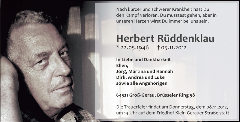  Traueranzeige für Herbert Rüddenklau vom 07.11.2012 aus Rüsselsheimer Echo, Groß-Gerauer-Echo, Ried Echo