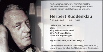 Traueranzeige von Herbert Rüddenklau von Rüsselsheimer Echo, Groß-Gerauer-Echo, Ried Echo