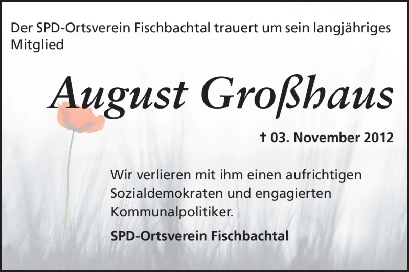  Traueranzeige für August Großhaus vom 07.11.2012 aus Echo-Zeitungen (Gesamtausgabe)