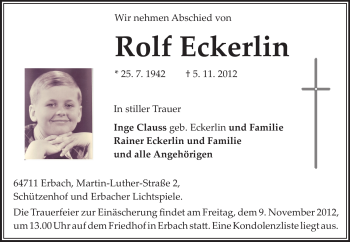 Traueranzeige von Rolf Eckerlin von Odenwälder Echo