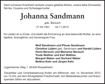 Traueranzeige von Johanna Sandmann von Rüsselsheimer Echo, Groß-Gerauer-Echo, Ried Echo