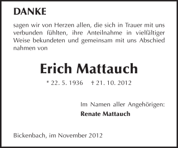 Traueranzeige von Erich Mattauch von Echo-Zeitungen (Gesamtausgabe)