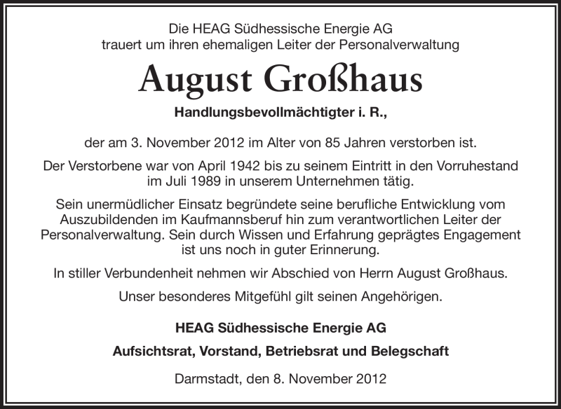  Traueranzeige für August Großhaus vom 08.11.2012 aus Echo-Zeitungen (Gesamtausgabe)