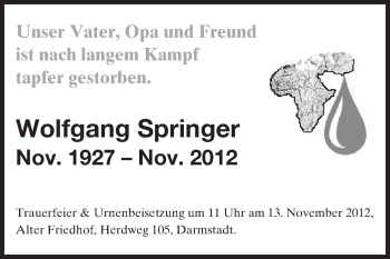 Traueranzeige von Wolfgang Springer von Echo-Zeitungen (Gesamtausgabe)