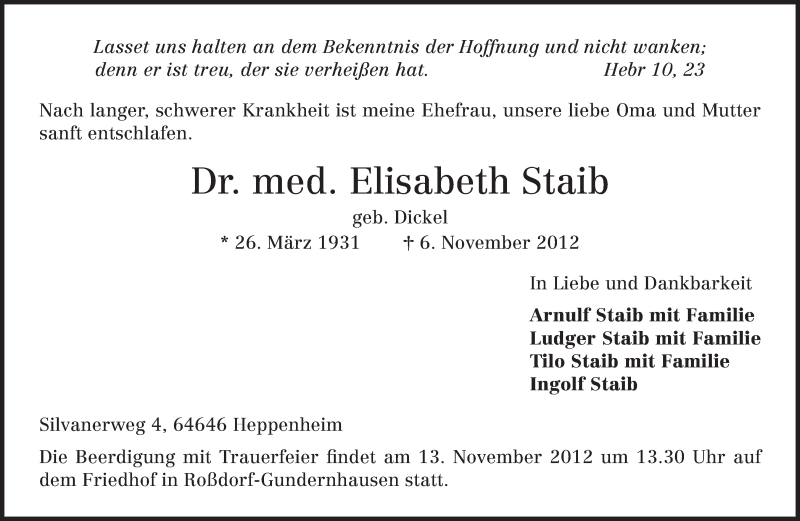  Traueranzeige für Elisabeth Staib vom 10.11.2012 aus Echo-Zeitungen (Gesamtausgabe)