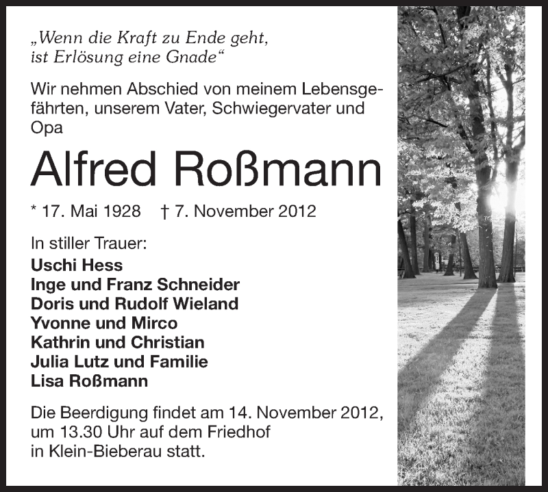  Traueranzeige für Alfred Roßmann vom 10.11.2012 aus Echo-Zeitungen (Gesamtausgabe)