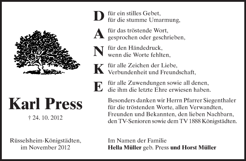  Traueranzeige für Karl Press vom 10.11.2012 aus Rüsselsheimer Echo, Groß-Gerauer-Echo, Ried Echo