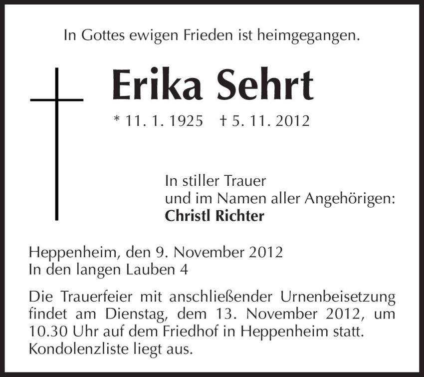  Traueranzeige für Erika Sehrt vom 09.11.2012 aus Starkenburger Echo