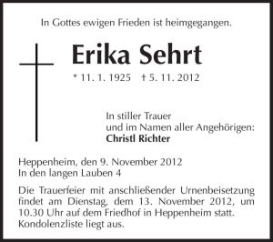 Traueranzeige von Erika Sehrt von Starkenburger Echo