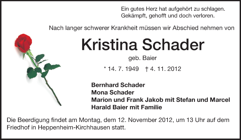  Traueranzeige für Kristina Schader vom 10.11.2012 aus Starkenburger Echo