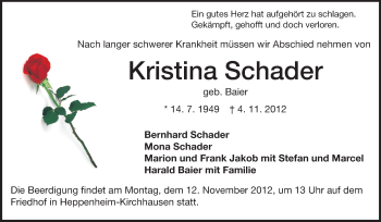 Traueranzeige von Kristina Schader von Starkenburger Echo