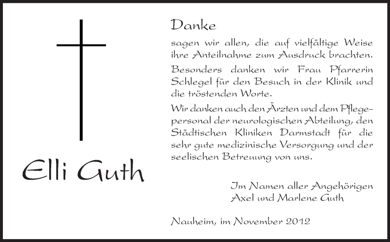  Traueranzeige für Elli Guth vom 24.11.2012 aus Rüsselsheimer Echo, Groß-Gerauer-Echo, Ried Echo