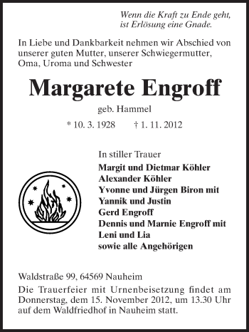 Traueranzeige von Margarete Engroff von Rüsselsheimer Echo, Groß-Gerauer-Echo, Ried Echo