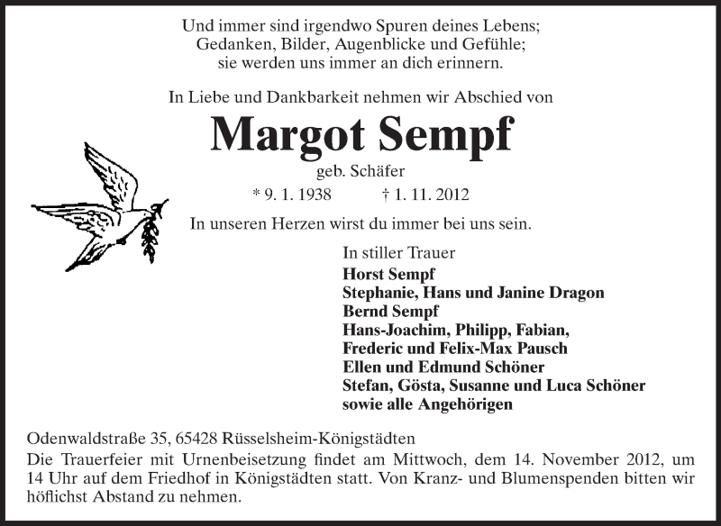  Traueranzeige für Margot Sempf vom 10.11.2012 aus Rüsselsheimer Echo, Groß-Gerauer-Echo, Ried Echo