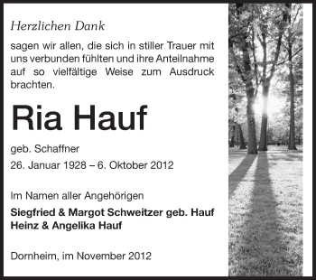 Traueranzeige von Ria Hauf von Rüsselsheimer Echo, Groß-Gerauer-Echo, Ried Echo
