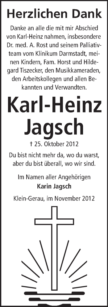 Traueranzeige von Karl-Heinz
 Jagsch von Rüsselsheimer Echo, Groß-Gerauer-Echo, Ried Echo