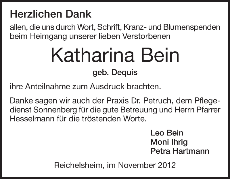  Traueranzeige für Katharina Bein vom 10.11.2012 aus Odenwälder Echo