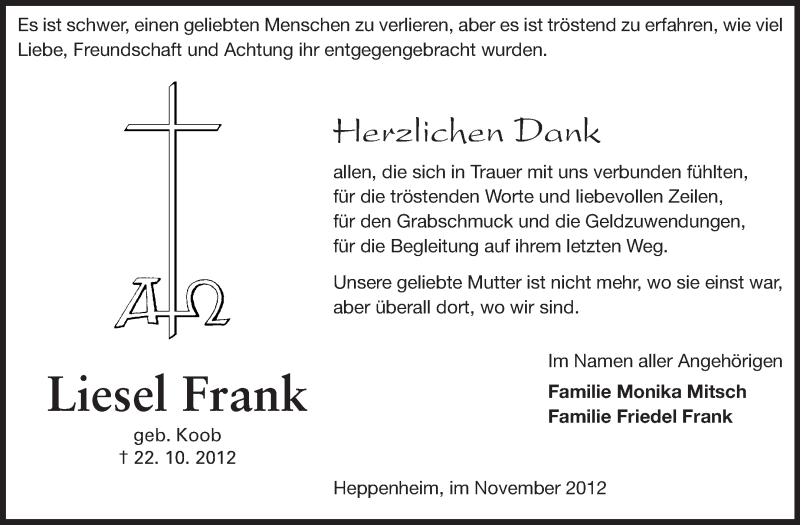  Traueranzeige für Liesel Frank vom 10.11.2012 aus Starkenburger Echo