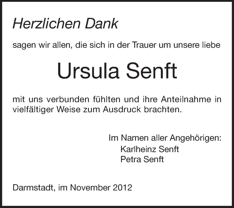  Traueranzeige für Ursula Senft vom 10.11.2012 aus Echo-Zeitungen (Gesamtausgabe)