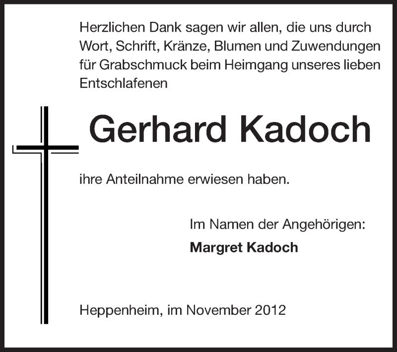  Traueranzeige für Gerhard Kadoch vom 10.11.2012 aus Starkenburger Echo