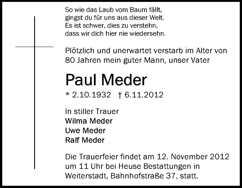  Traueranzeige für Paul Meder vom 10.11.2012 aus Echo-Zeitungen (Gesamtausgabe)