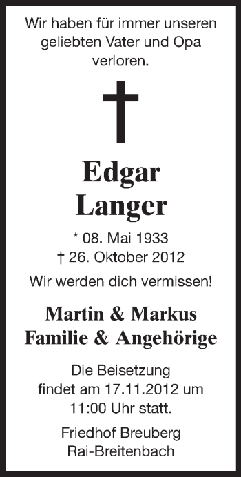 Traueranzeige von Edgar Langer von Odenwälder Echo