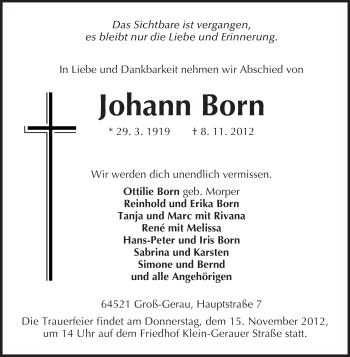 Traueranzeige von Johann Born von Rüsselsheimer Echo, Groß-Gerauer-Echo, Ried Echo