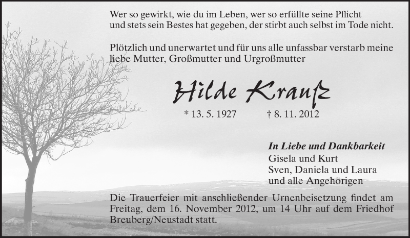  Traueranzeige für Hilde Krauß vom 14.11.2012 aus Odenwälder Echo