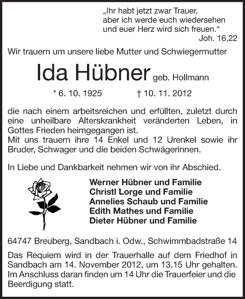  Traueranzeige für Ida Hübner vom 13.11.2012 aus Odenwälder Echo