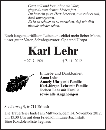 Traueranzeige von Karl Lehr von Odenwälder Echo