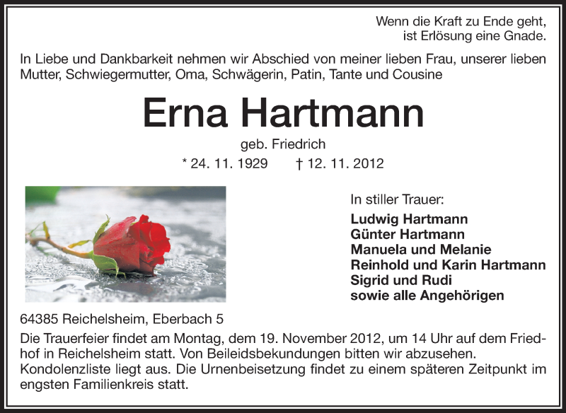  Traueranzeige für Erna Hartmann vom 17.11.2012 aus Echo-Zeitungen (Gesamtausgabe)