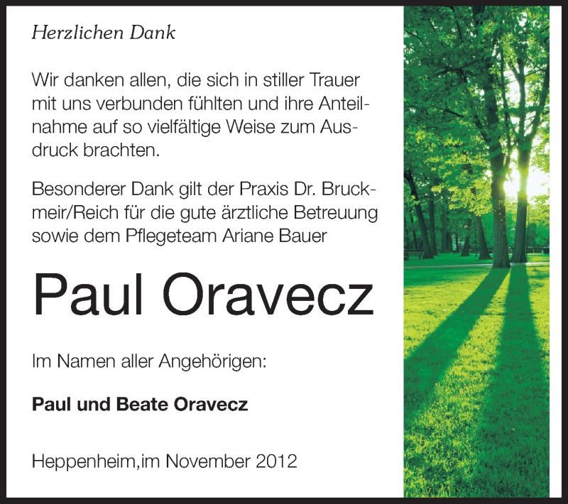  Traueranzeige für Paul Oravecz vom 14.11.2012 aus Starkenburger Echo