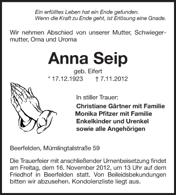 Traueranzeige von Anna Seip von Odenwälder Echo