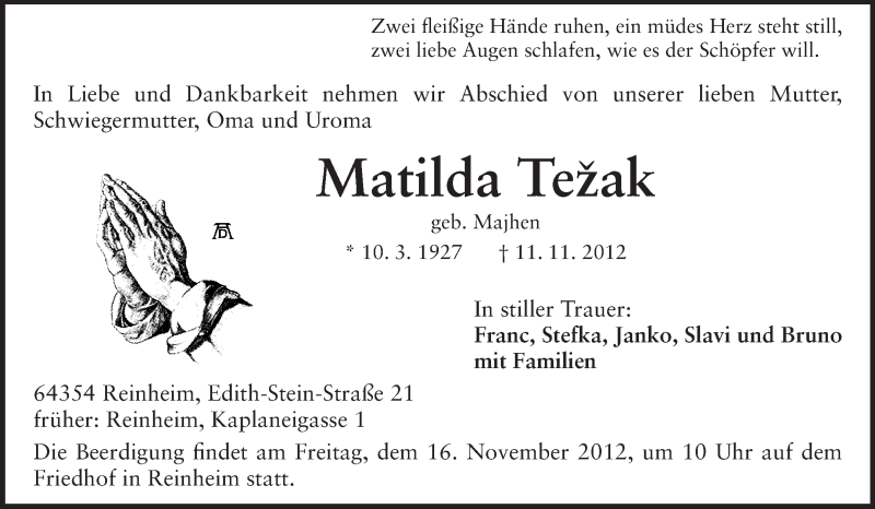  Traueranzeige für Matilda Tezak vom 14.11.2012 aus Darmstädter Echo, Odenwälder Echo, Rüsselsheimer Echo, Groß-Gerauer-Echo, Ried Echo
