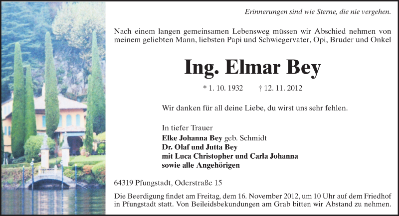  Traueranzeige für Elmar Bey  vom 14.11.2012 aus Echo-Zeitungen (Gesamtausgabe)