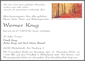 Traueranzeige von Werner Krug von Odenwälder Echo