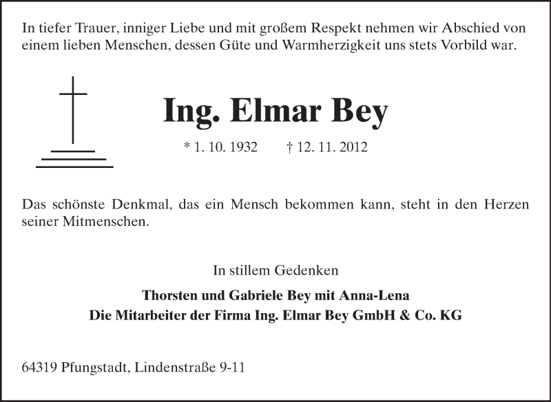  Traueranzeige für Elmar Bey  vom 14.11.2012 aus Echo-Zeitungen (Gesamtausgabe)