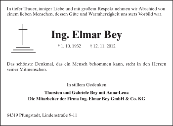 Traueranzeige von Elmar Bey  von Echo-Zeitungen (Gesamtausgabe)