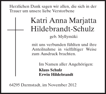 Traueranzeige von Katri Anna Marjatta Hildebrandt-Schulz von Echo-Zeitungen (Gesamtausgabe)
