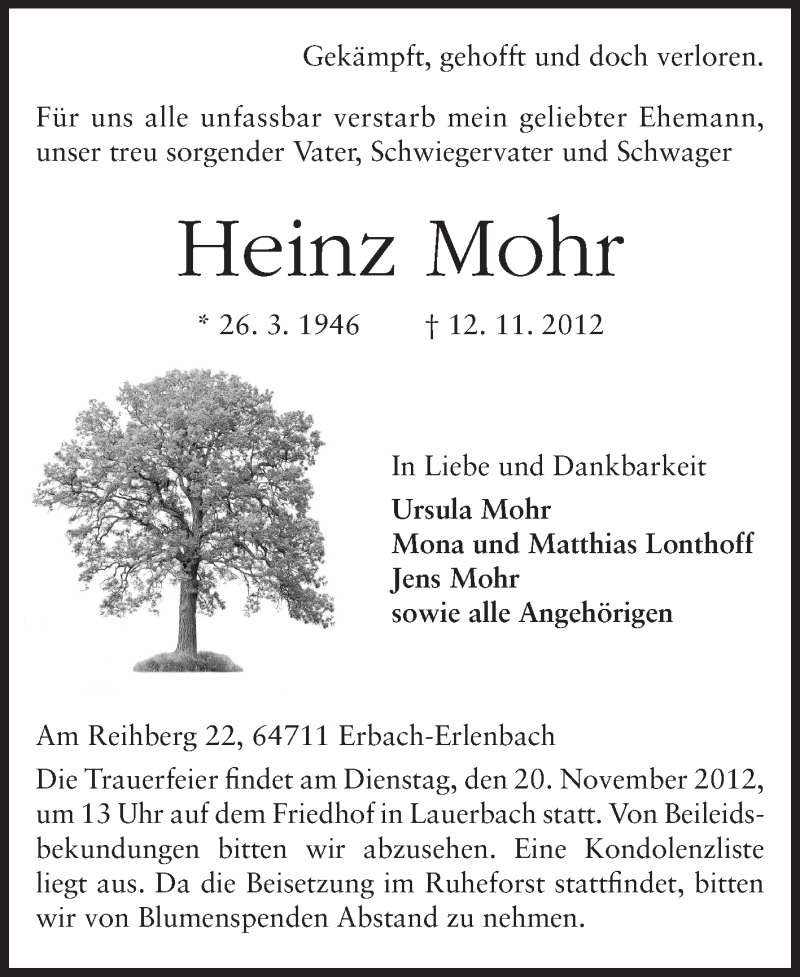  Traueranzeige für Heinz Mohr vom 15.11.2012 aus Odenwälder Echo