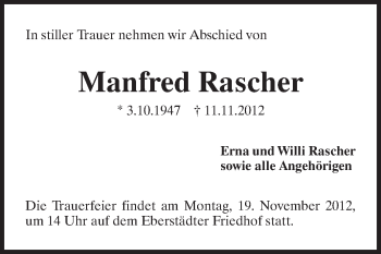 Traueranzeige von Manfred Rascher von Echo-Zeitungen (Gesamtausgabe)