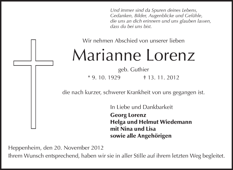  Traueranzeige für Marianne Lorenz vom 20.11.2012 aus Starkenburger Echo