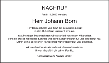 Traueranzeige von Johann Born von Rüsselsheimer Echo, Groß-Gerauer-Echo, Ried Echo