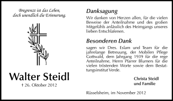 Traueranzeige von Walter Steidl von Rüsselsheimer Echo, Groß-Gerauer-Echo, Ried Echo