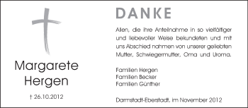 Traueranzeige von Margarete Hergen von Echo-Zeitungen (Gesamtausgabe)