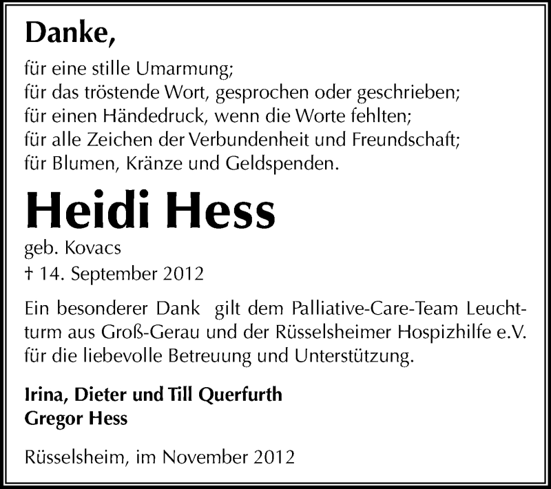  Traueranzeige für Heidi Hess vom 17.11.2012 aus Rüsselsheimer Echo, Groß-Gerauer-Echo, Ried Echo