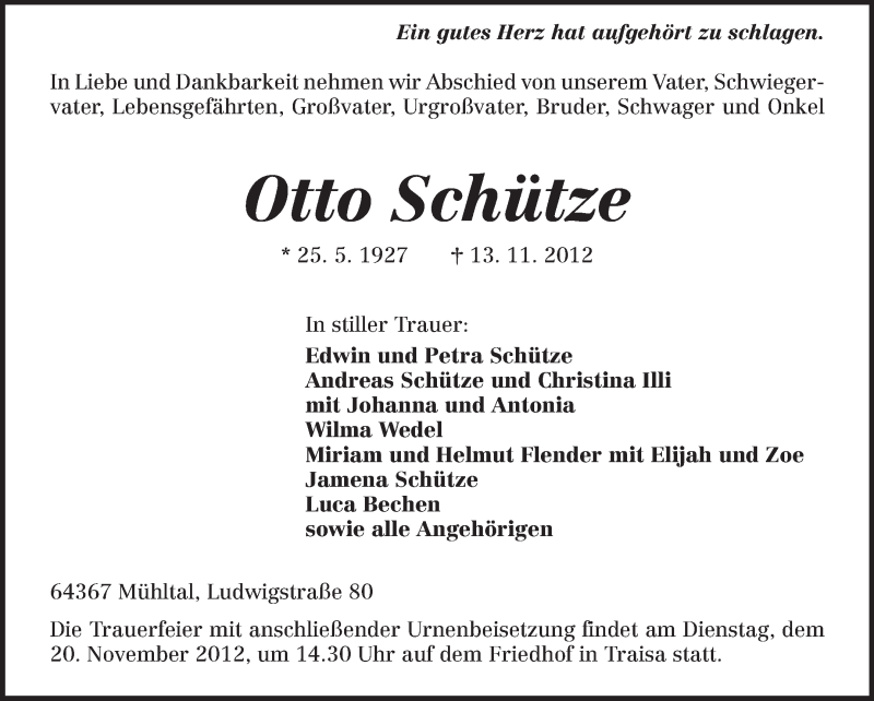  Traueranzeige für Otto Schütze vom 16.11.2012 aus Echo-Zeitungen (Gesamtausgabe)